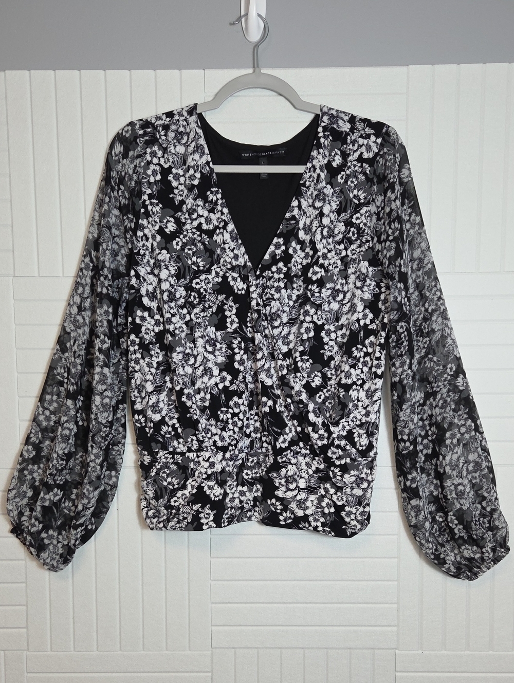 White House Black Market Floral Wrap Front Peasant Top Size L